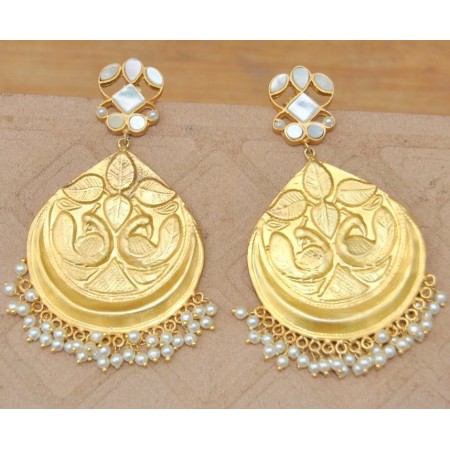 Carved Peacock Mother of Pearl Dangler Earrings